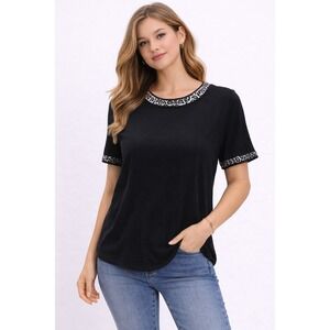 Alfred Dunner- Black Top with Animal Print Trim Size M